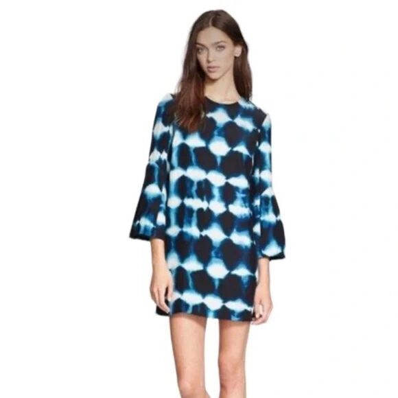 Elizabeth & James 100% Silk Hiromi Bell Sleeve Shift Dress Indigo Blue Shibori - Picture 2 of 11